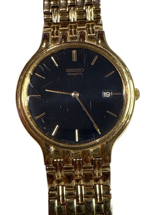 Seiko Tank Watch Men 27mm Black Dial Gold Tone Date 7n29  Seiko Quartz Gold-Tone Watch With Black Dial Date 7N29-6221 Vintage 1980’/1990’s